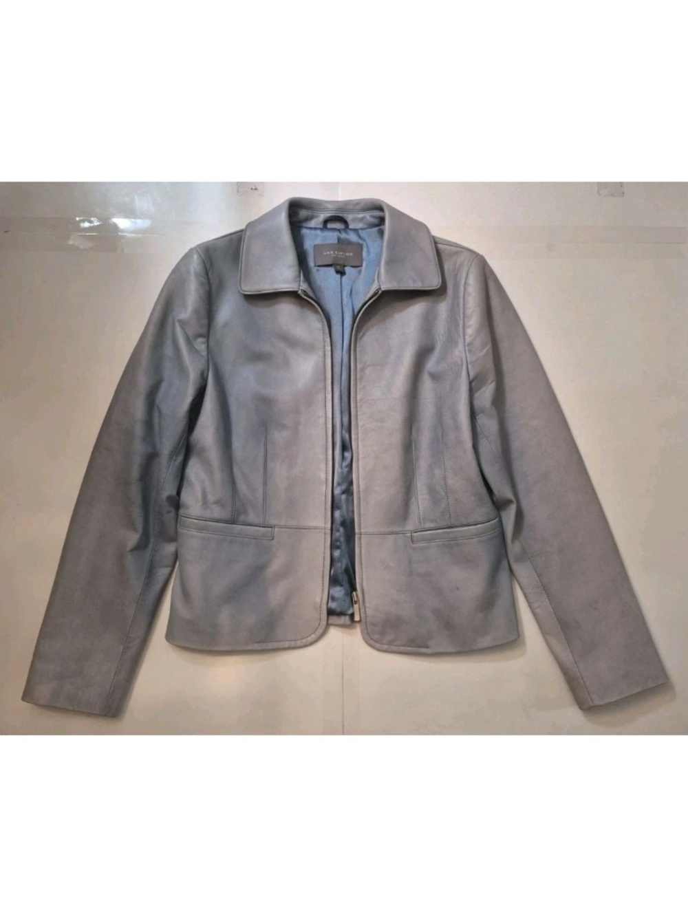 Ann Taylor Petites Genuine Leather light Blue Jacket MP Full Zip Lined Pockets